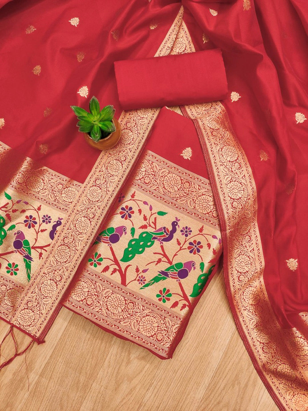 Red Pure Soft Banarasi Silk Woven Design Unstitched Dress Material