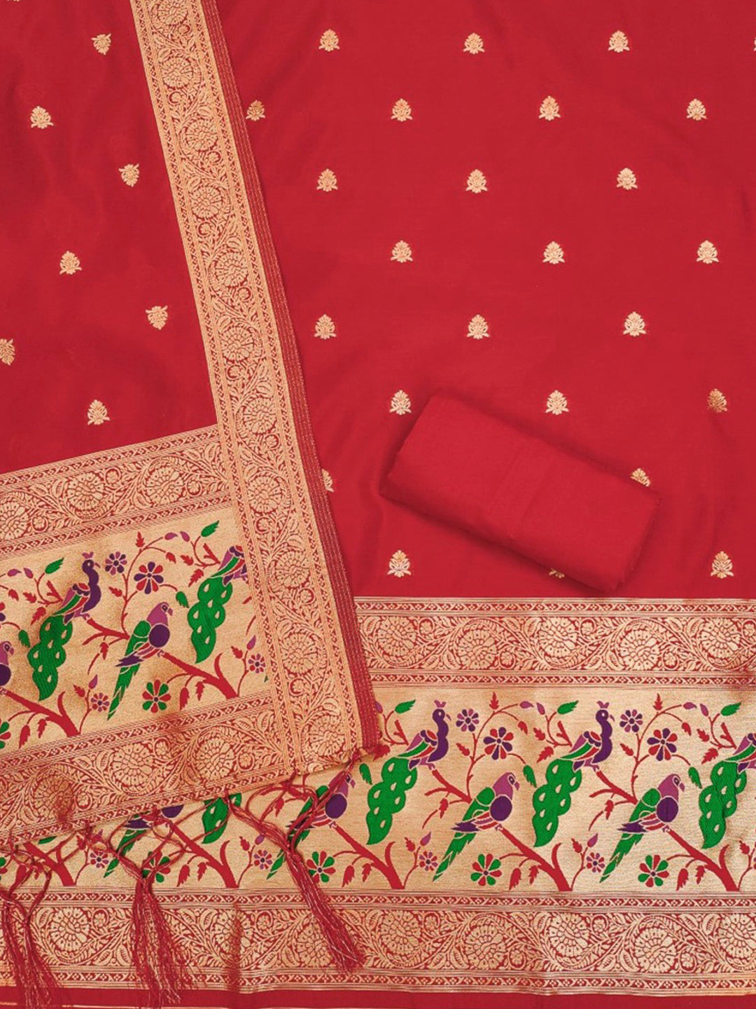 Red Pure Soft Banarasi Silk Woven Design Unstitched Dress Material