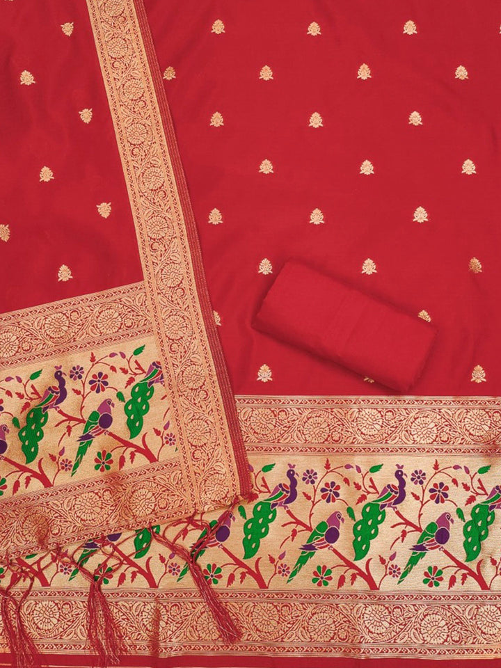 Red Pure Soft Banarasi Silk Woven Design Unstitched Dress Material