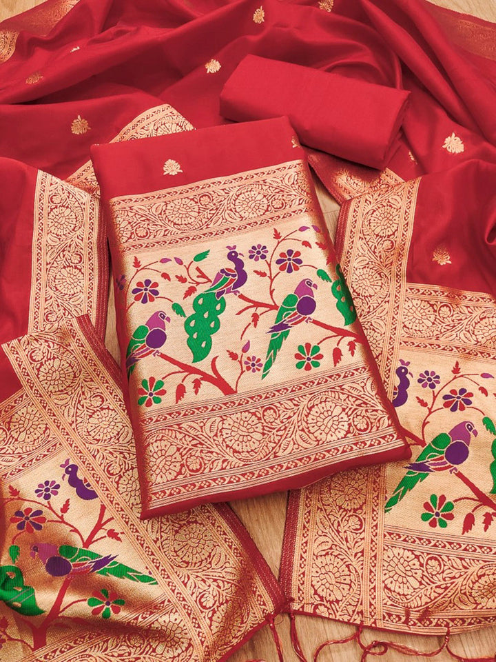 Red Pure Soft Banarasi Silk Woven Design Unstitched Dress Material