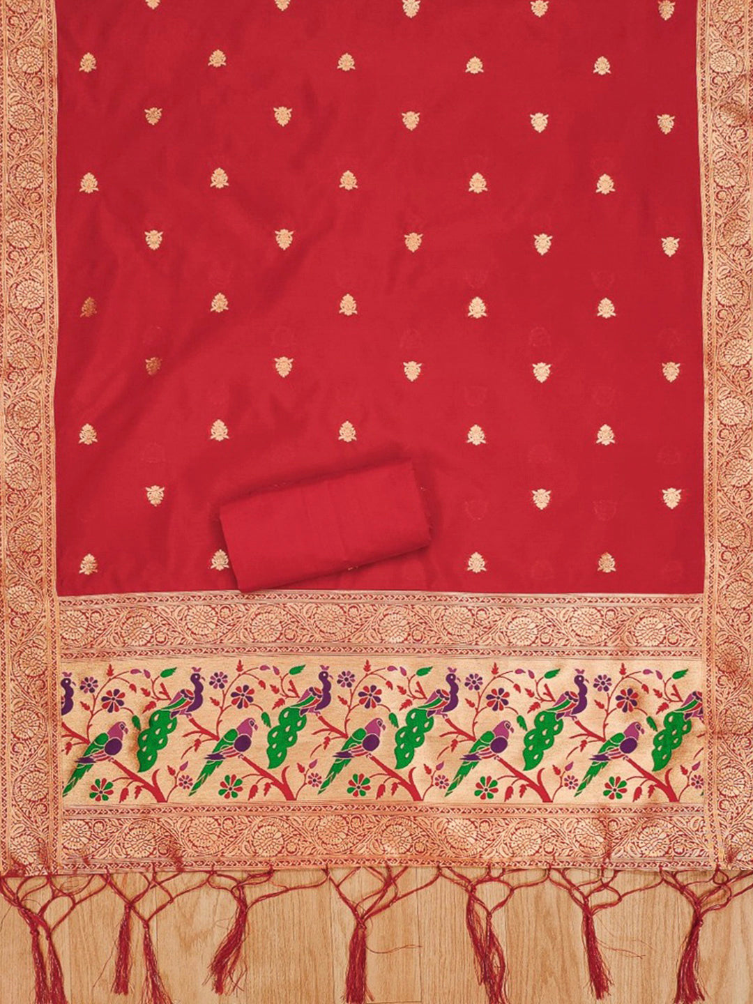 Red Pure Soft Banarasi Silk Woven Design Unstitched Dress Material