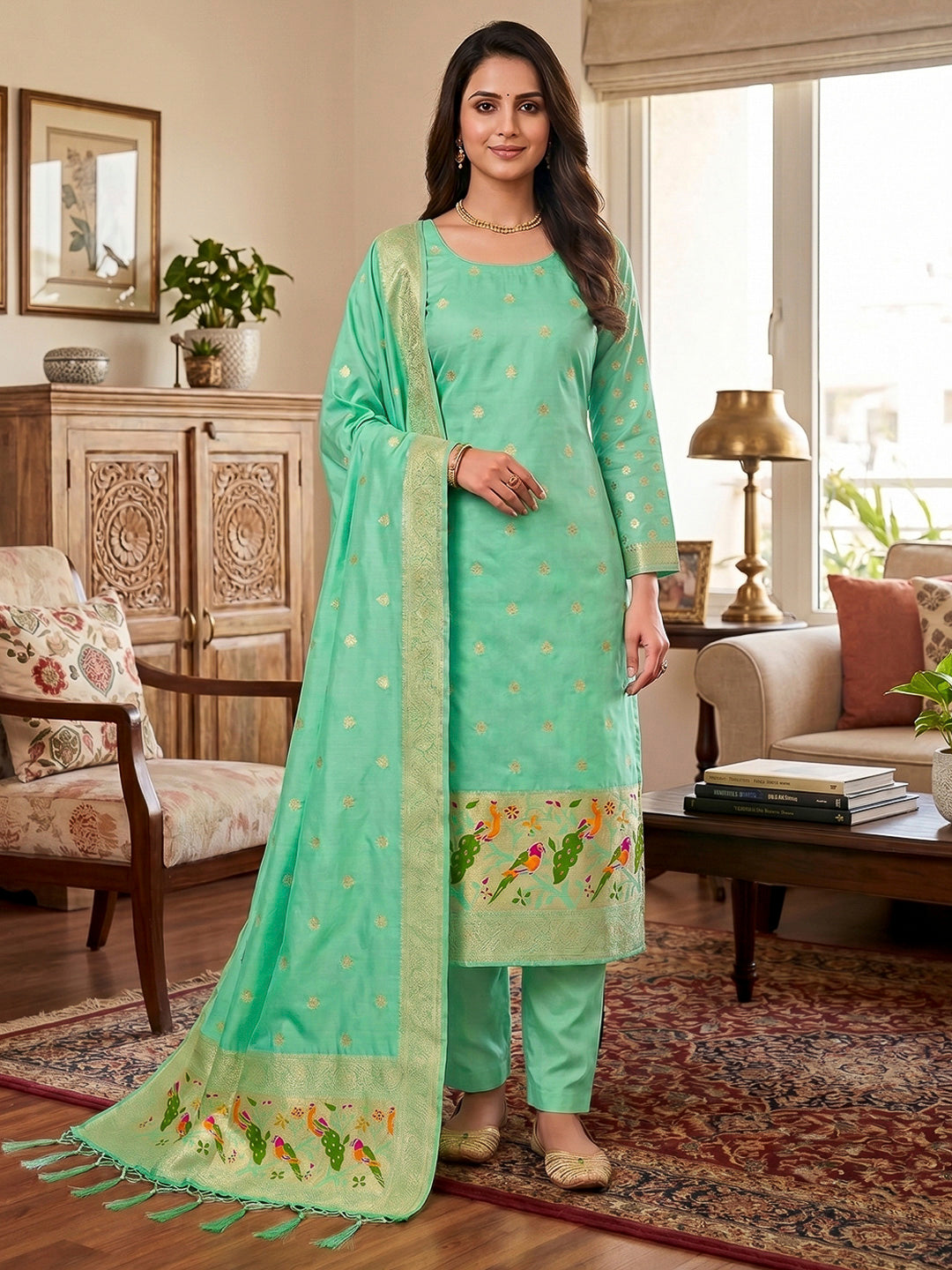 Sea-Green Pure Soft Banarasi Silk Woven Design Unstitched Dress Material