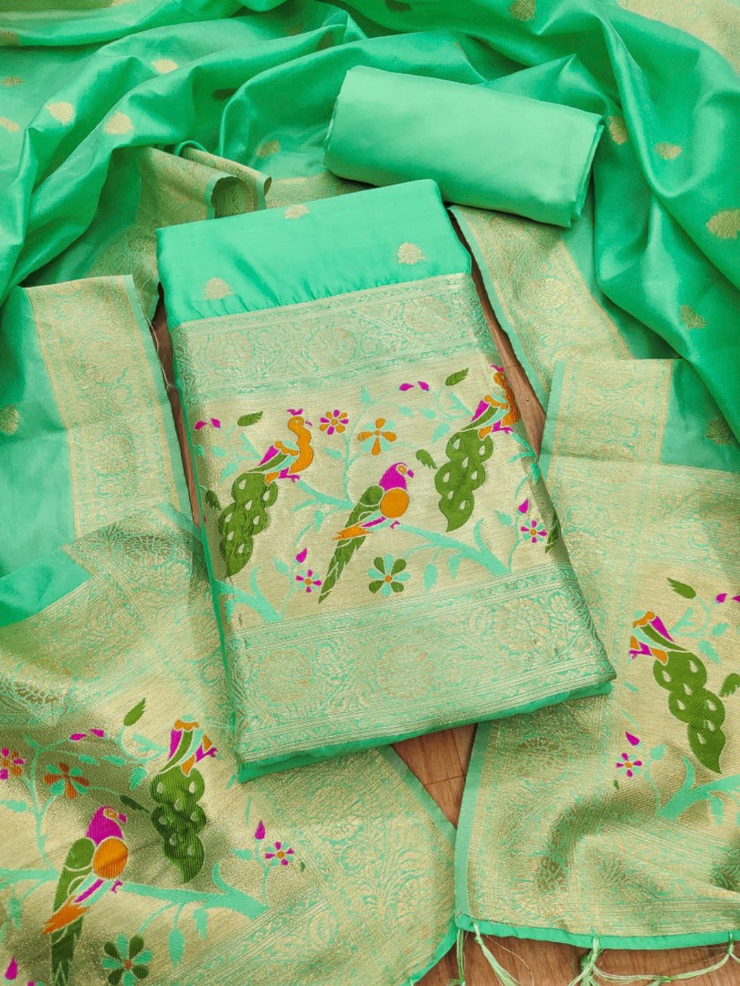 Sea-Green Pure Soft Banarasi Silk Woven Design Unstitched Dress Material