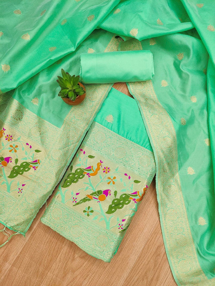 Sea-Green Pure Soft Banarasi Silk Woven Design Unstitched Dress Material