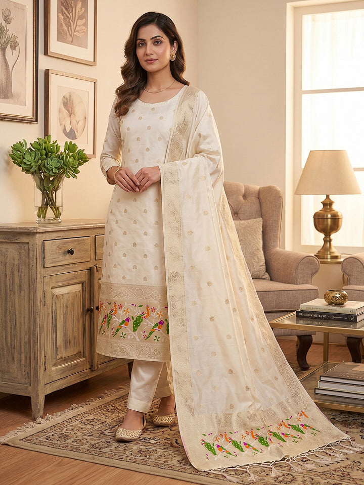 White Pure Soft Banarasi Silk Woven Design Unstitched Dress Material