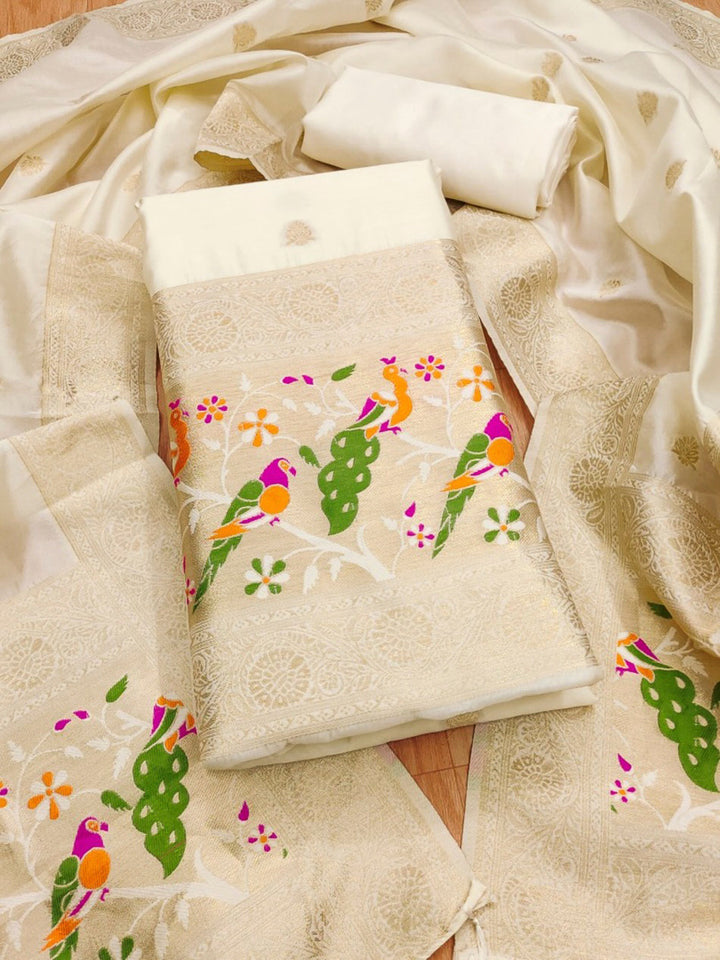 White Pure Soft Banarasi Silk Woven Design Unstitched Dress Material