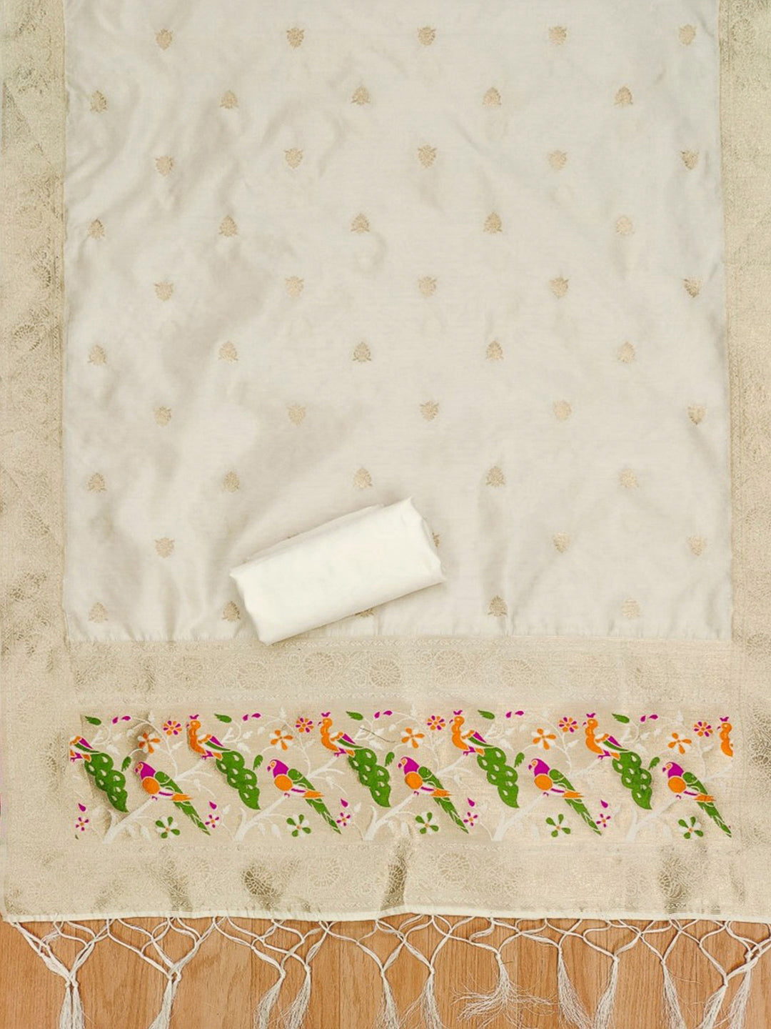 White Pure Soft Banarasi Silk Woven Design Unstitched Dress Material