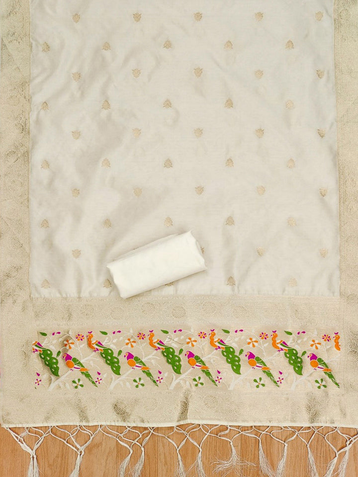 White Pure Soft Banarasi Silk Woven Design Unstitched Dress Material
