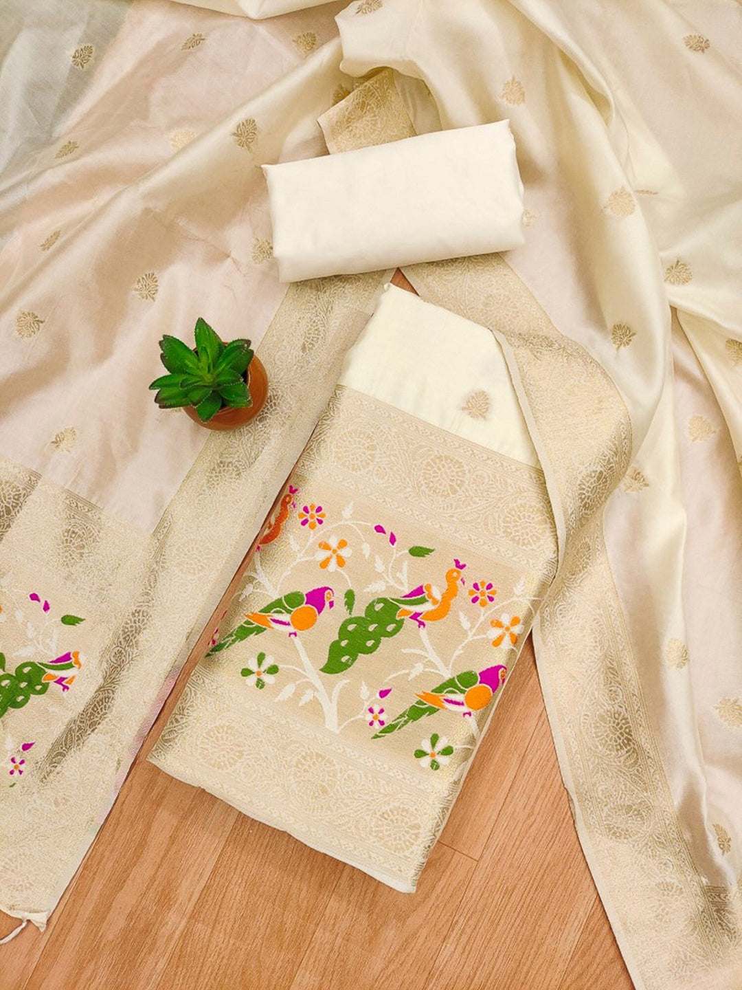 White Pure Soft Banarasi Silk Woven Design Unstitched Dress Material