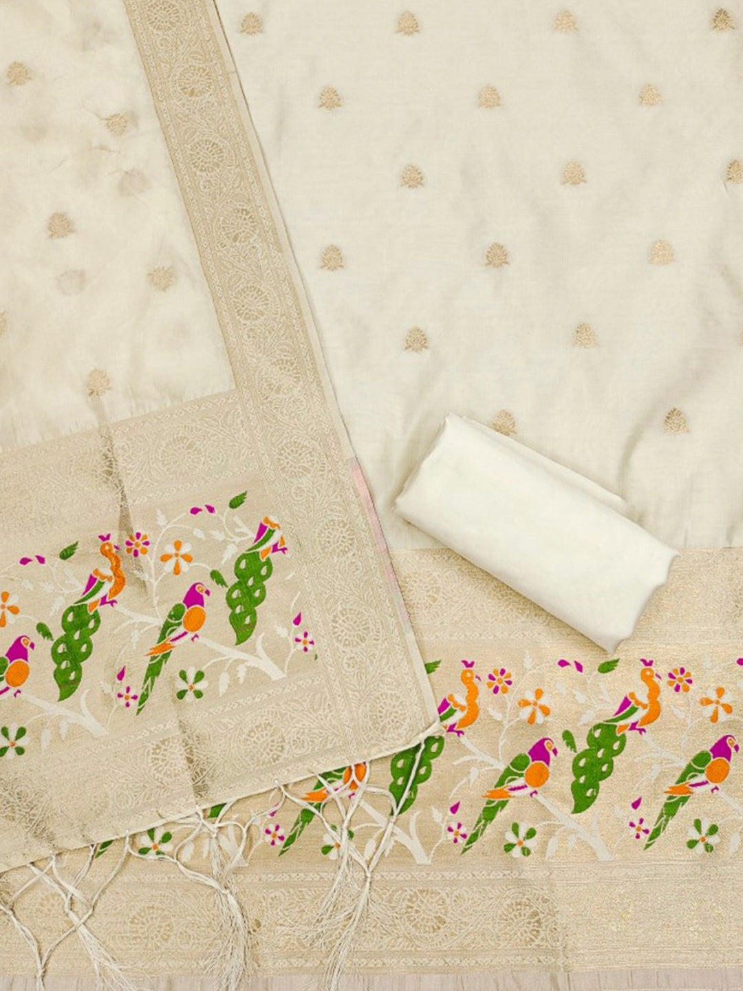 White Pure Soft Banarasi Silk Woven Design Unstitched Dress Material