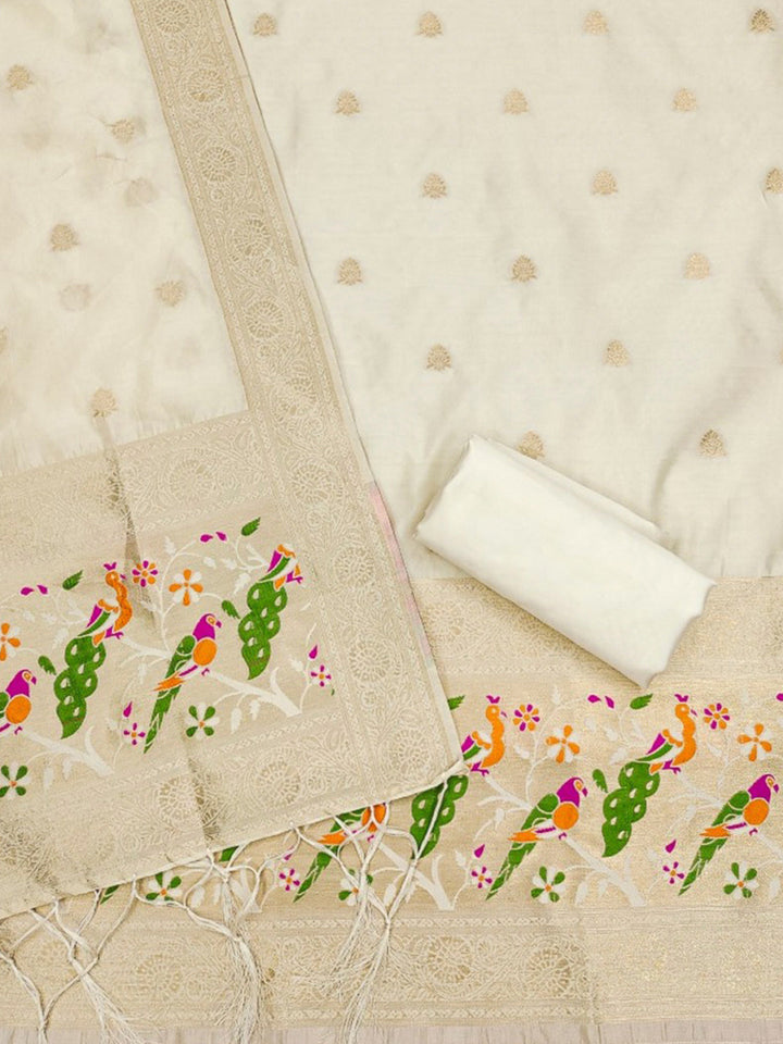 White Pure Soft Banarasi Silk Woven Design Unstitched Dress Material
