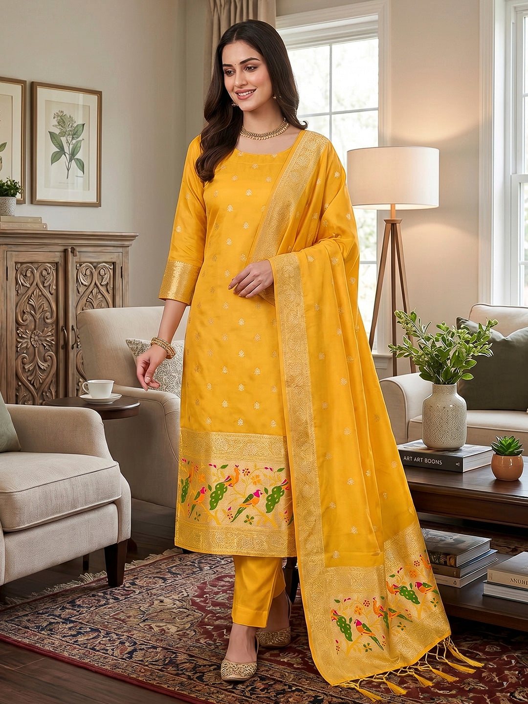 Yellow Pure Soft Banarasi Silk Woven Design Unstitched Dress Material
