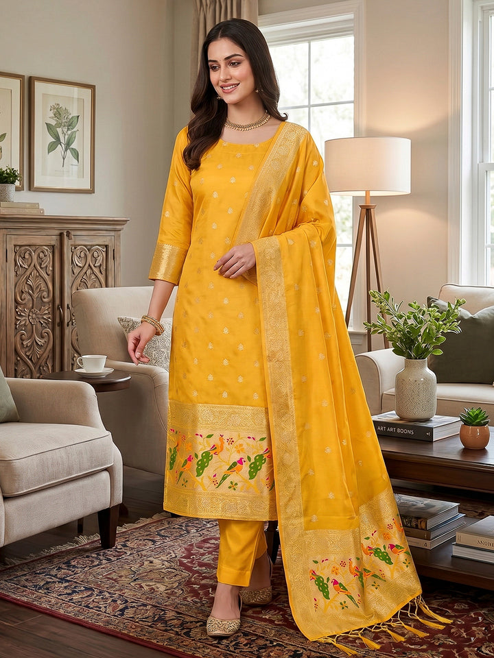Yellow Pure Soft Banarasi Silk Woven Design Unstitched Dress Material