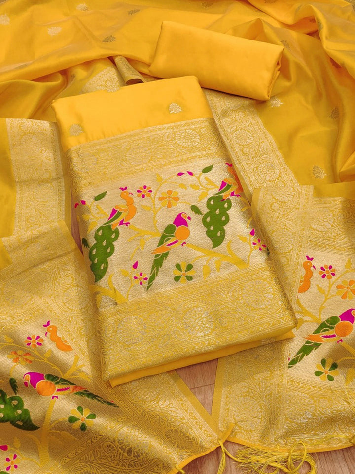 Yellow Pure Soft Banarasi Silk Woven Design Unstitched Dress Material