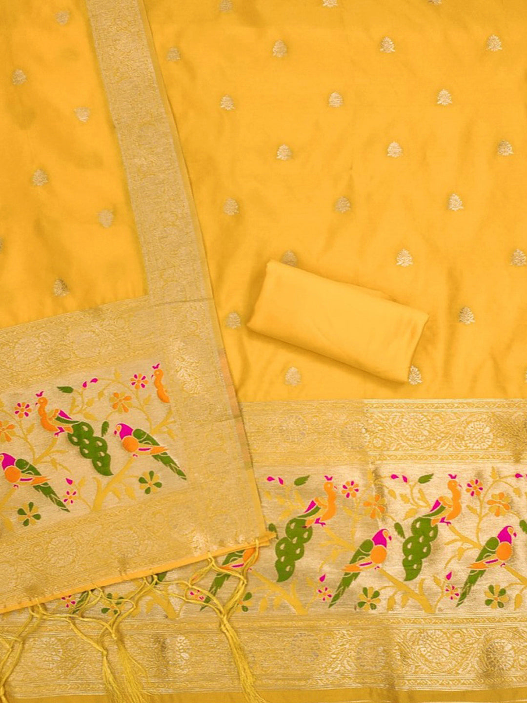 Yellow Pure Soft Banarasi Silk Woven Design Unstitched Dress Material