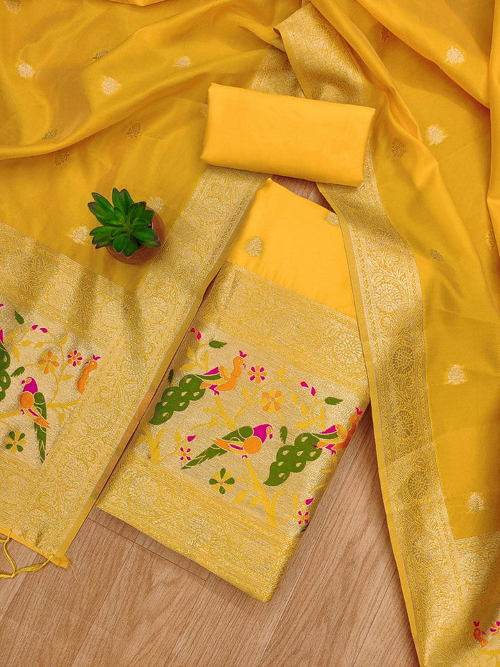 Yellow Pure Soft Banarasi Silk Woven Design Unstitched Dress Material