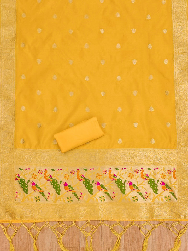 Yellow Pure Soft Banarasi Silk Woven Design Unstitched Dress Material