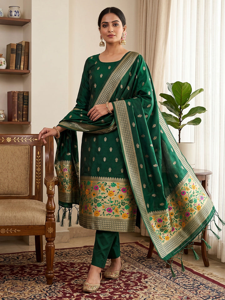 Bottle-Green Pure Soft Banarasi Silk Woven Design Unstitched Dress Material