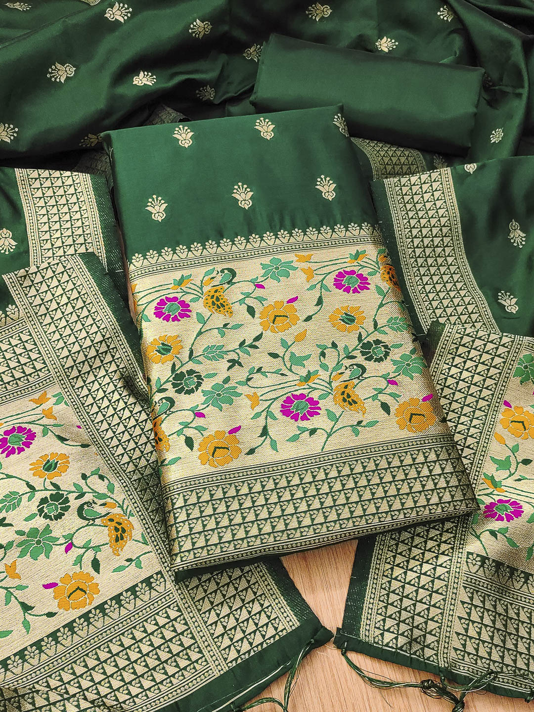 Bottle-Green Pure Soft Banarasi Silk Woven Design Unstitched Dress Material