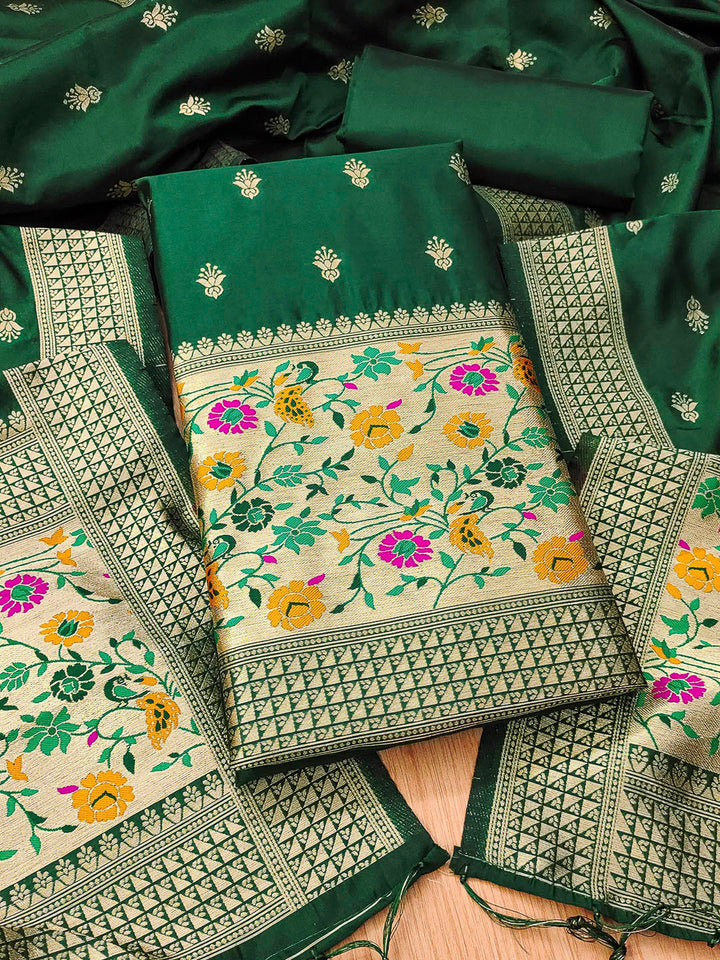 Bottle-Green Pure Soft Banarasi Silk Woven Design Unstitched Dress Material