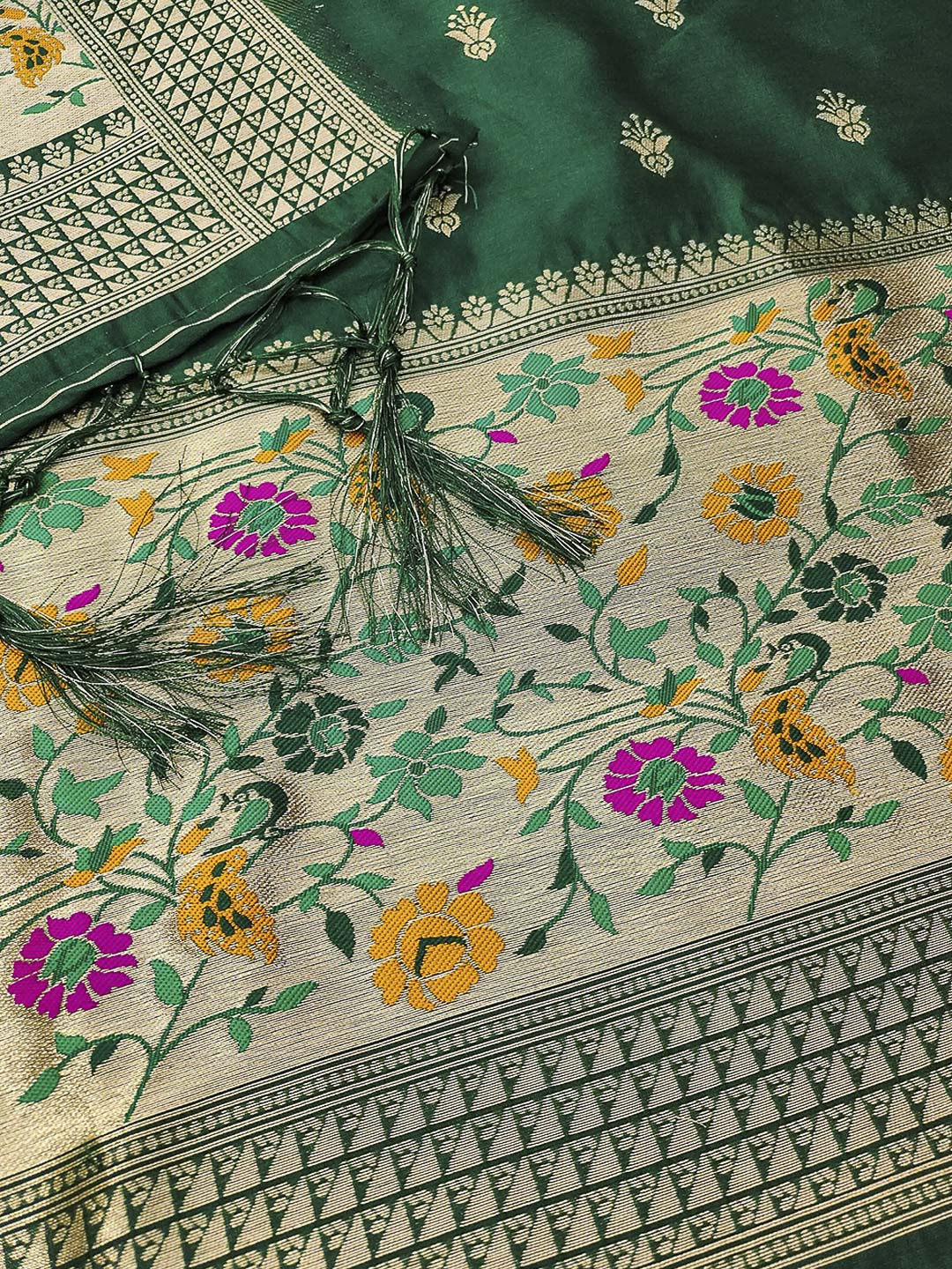 Bottle-Green Pure Soft Banarasi Silk Woven Design Unstitched Dress Material