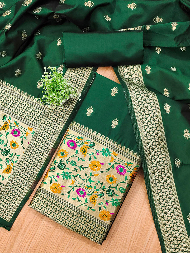 Bottle-Green Pure Soft Banarasi Silk Woven Design Unstitched Dress Material