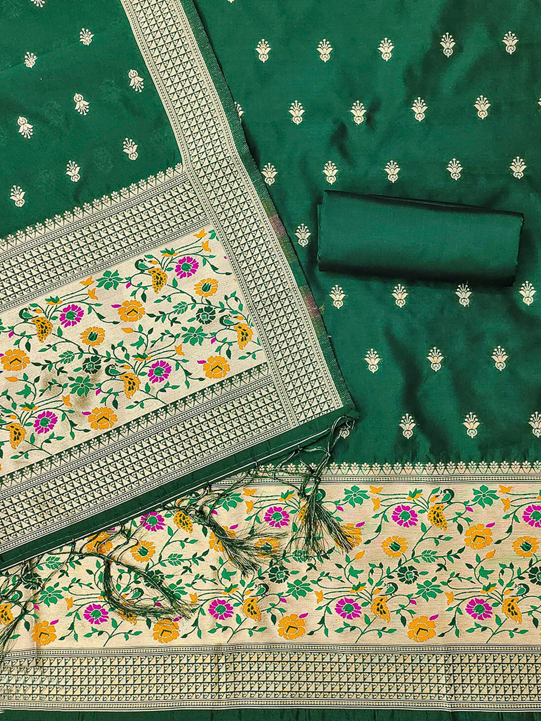 Bottle-Green Pure Soft Banarasi Silk Woven Design Unstitched Dress Material