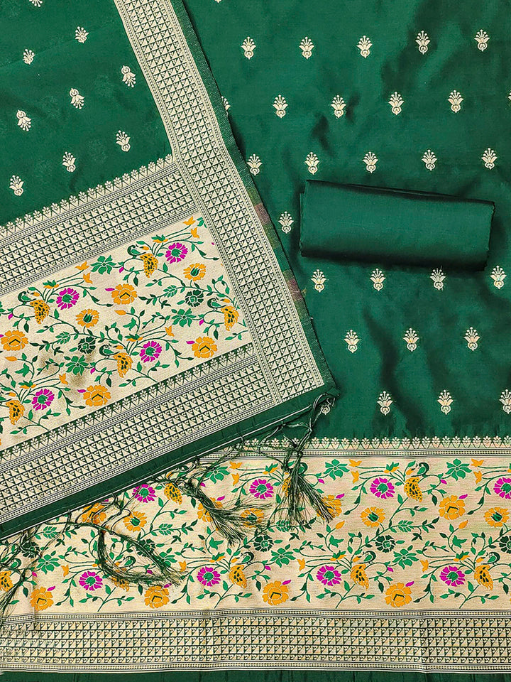 Bottle-Green Pure Soft Banarasi Silk Woven Design Unstitched Dress Material