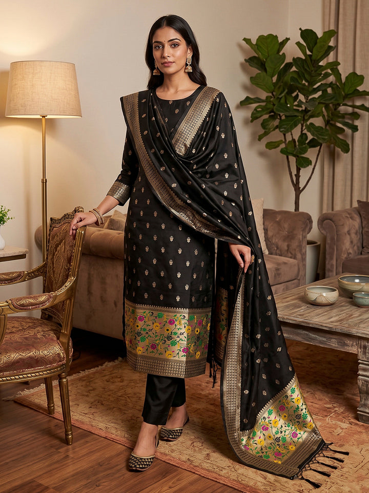 Black Pure Soft Banarasi Silk Woven Design Unstitched Dress Material