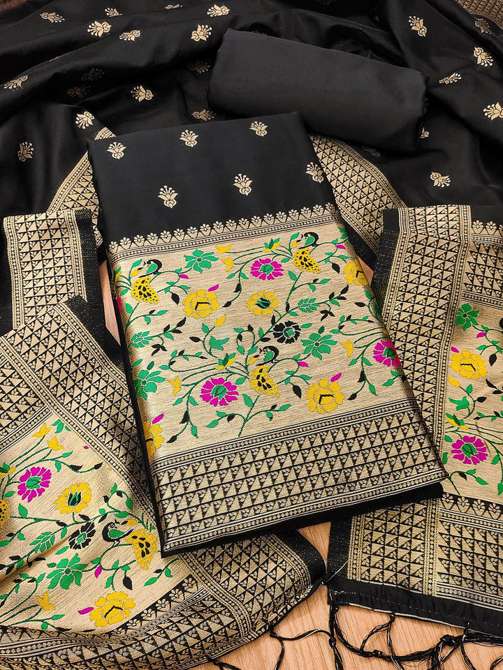 Black Pure Soft Banarasi Silk Woven Design Unstitched Dress Material