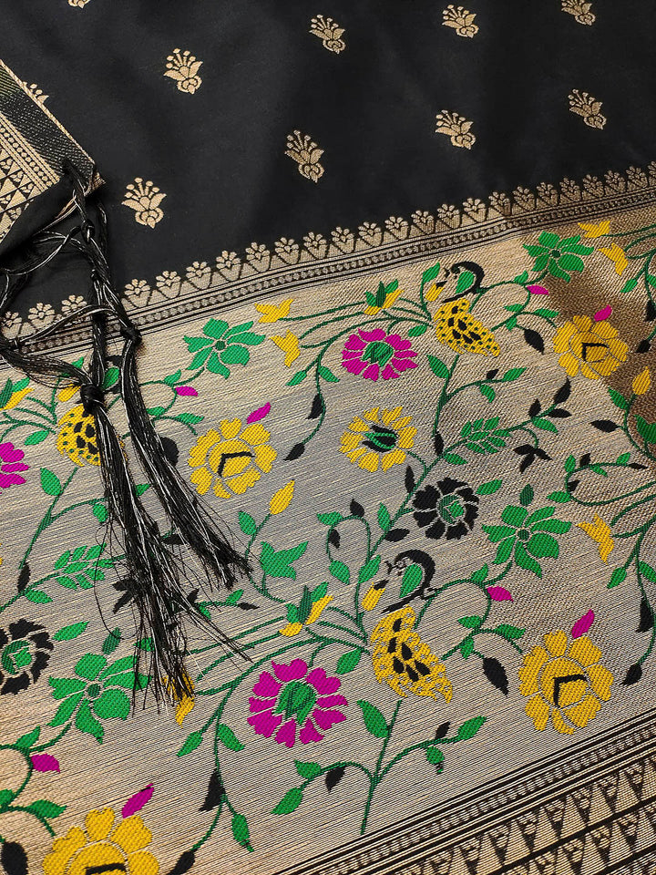Black Pure Soft Banarasi Silk Woven Design Unstitched Dress Material