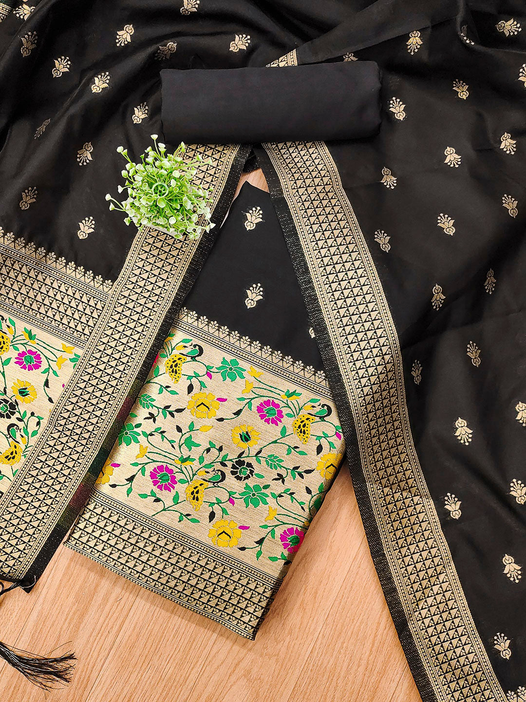 Black Pure Soft Banarasi Silk Woven Design Unstitched Dress Material