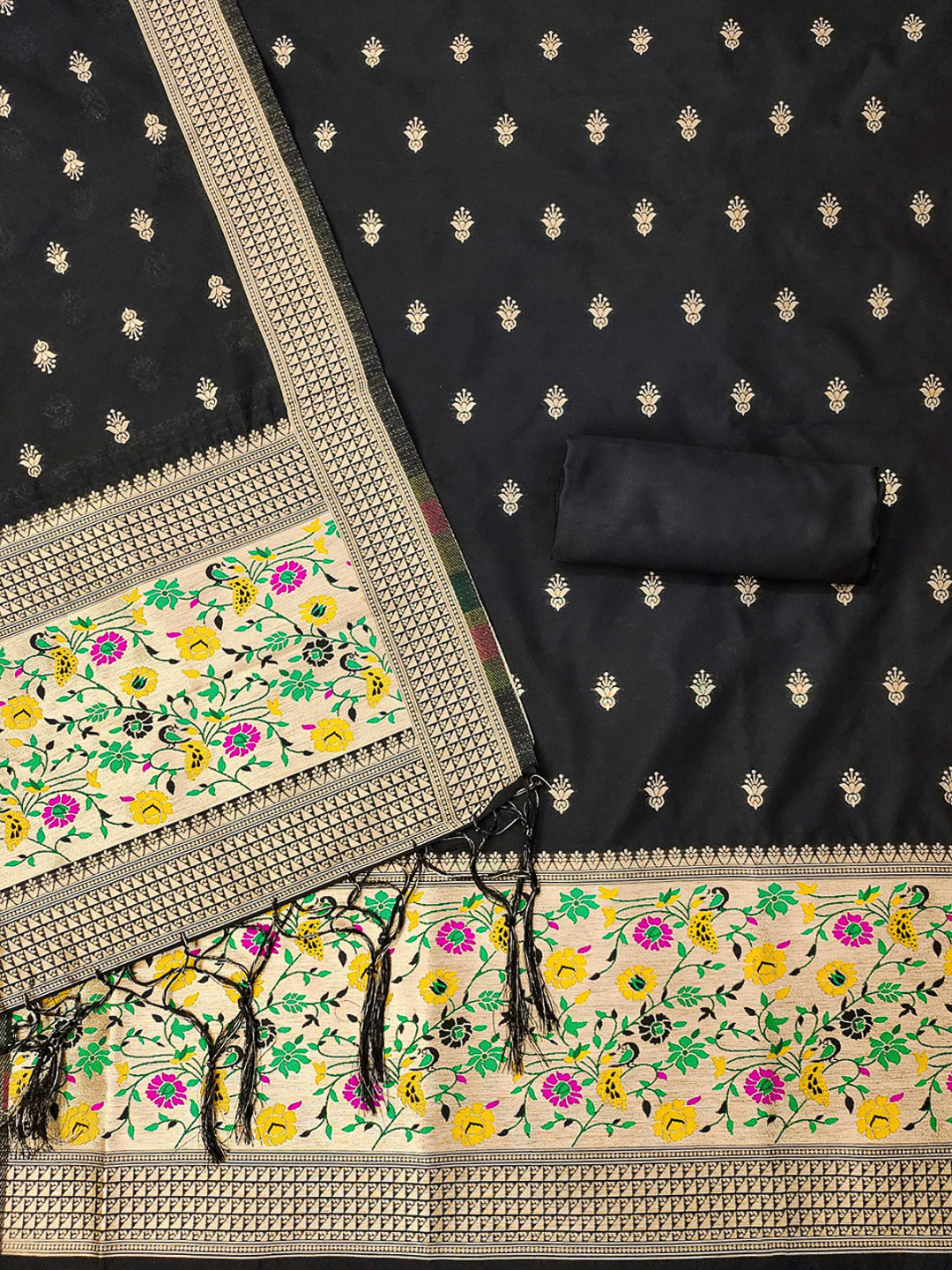 Black Pure Soft Banarasi Silk Woven Design Unstitched Dress Material