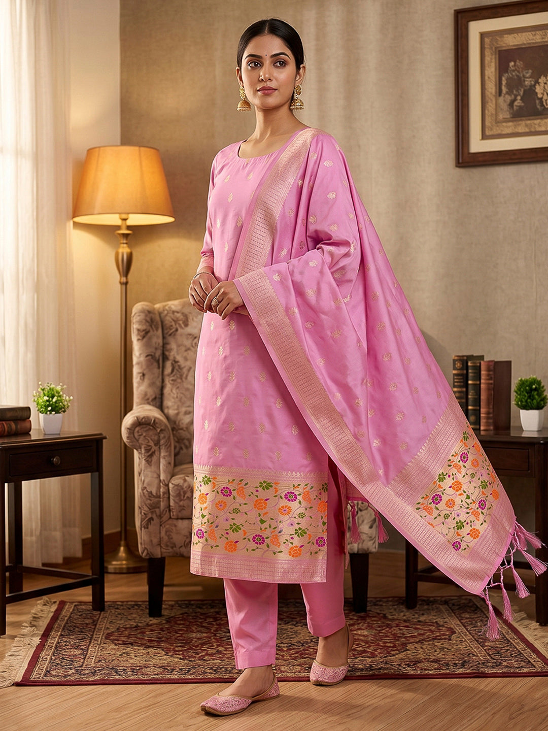 Pink-Lt Pure Soft Banarasi Silk Woven Design Unstitched Dress Material