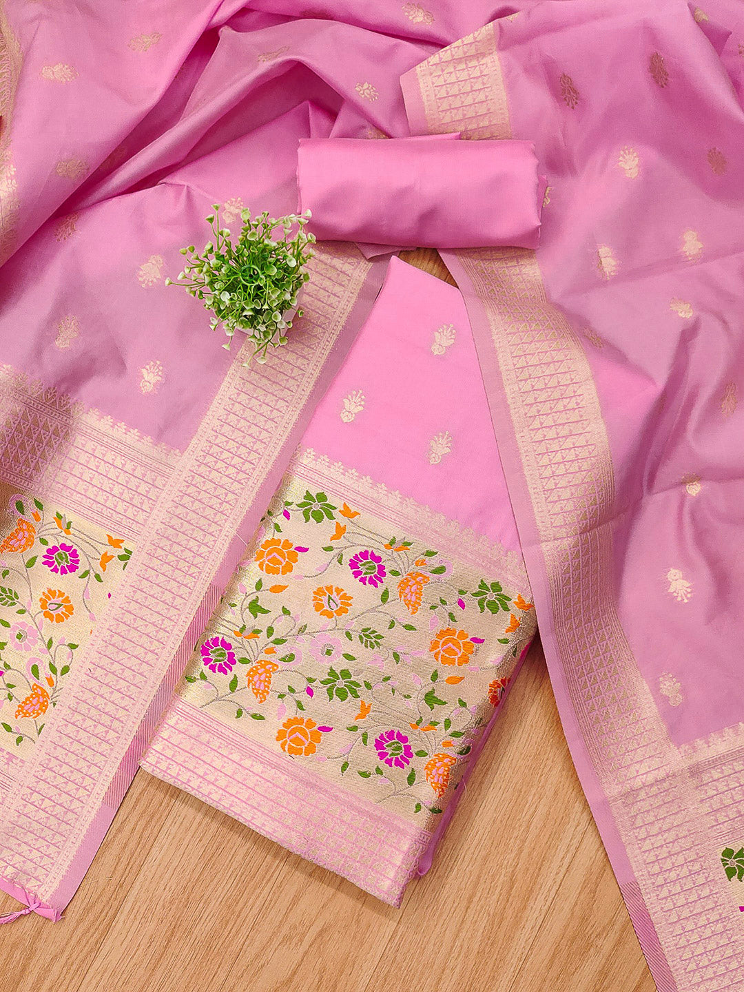 Pink-Lt Pure Soft Banarasi Silk Woven Design Unstitched Dress Material
