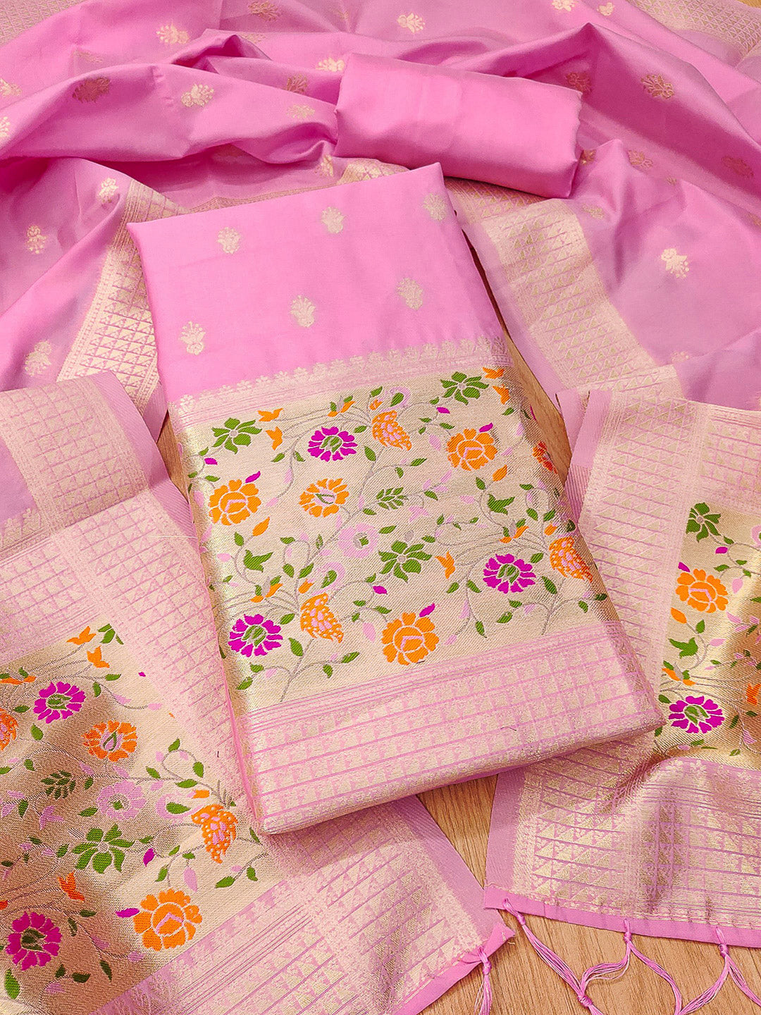 Pink-Lt Pure Soft Banarasi Silk Woven Design Unstitched Dress Material