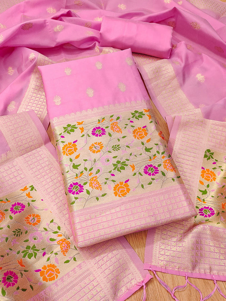 Pink-Lt Pure Soft Banarasi Silk Woven Design Unstitched Dress Material