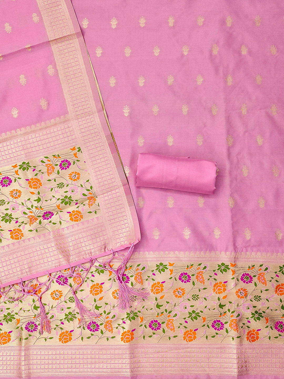 Pink-Lt Pure Soft Banarasi Silk Woven Design Unstitched Dress Material