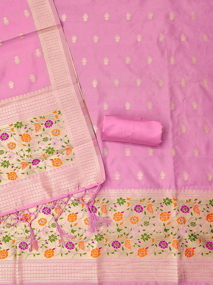 Pink-Lt Pure Soft Banarasi Silk Woven Design Unstitched Dress Material