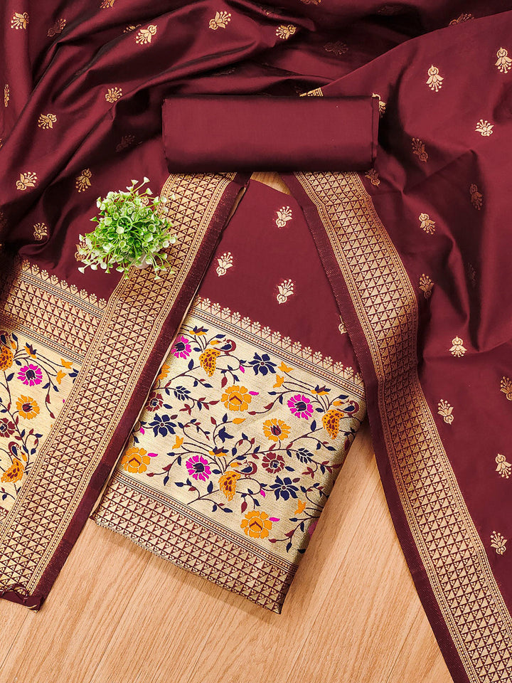 Maroon Pure Soft Banarasi Silk Woven Design Unstitched Dress Material