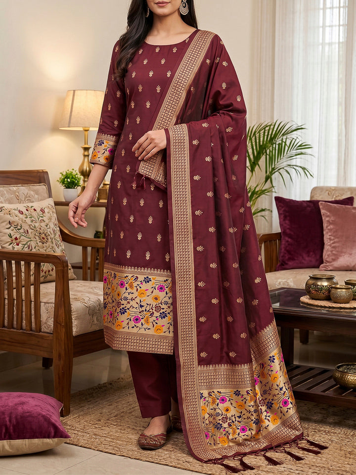 Maroon Pure Soft Banarasi Silk Woven Design Unstitched Dress Material