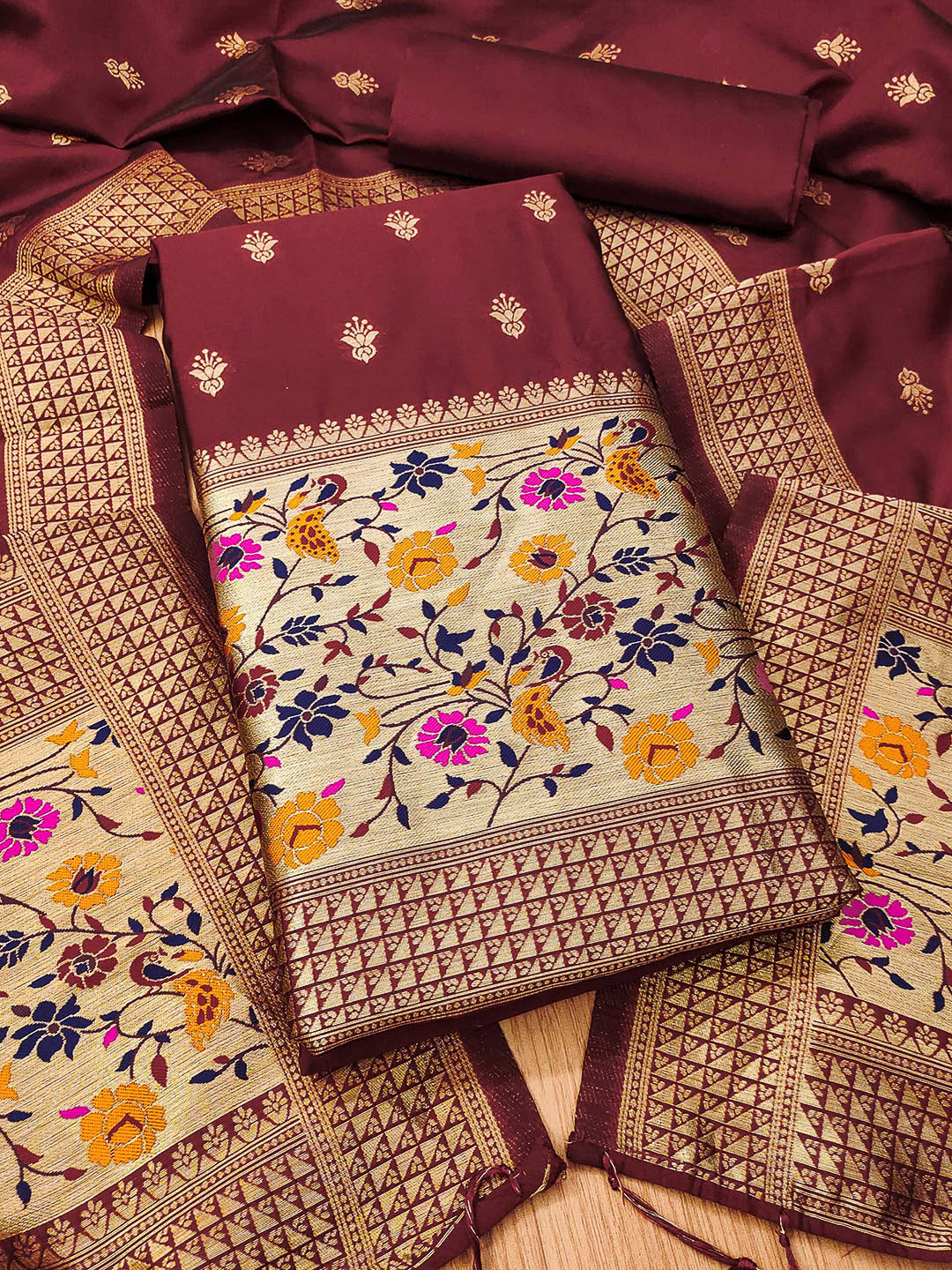 Maroon Pure Soft Banarasi Silk Woven Design Unstitched Dress Material