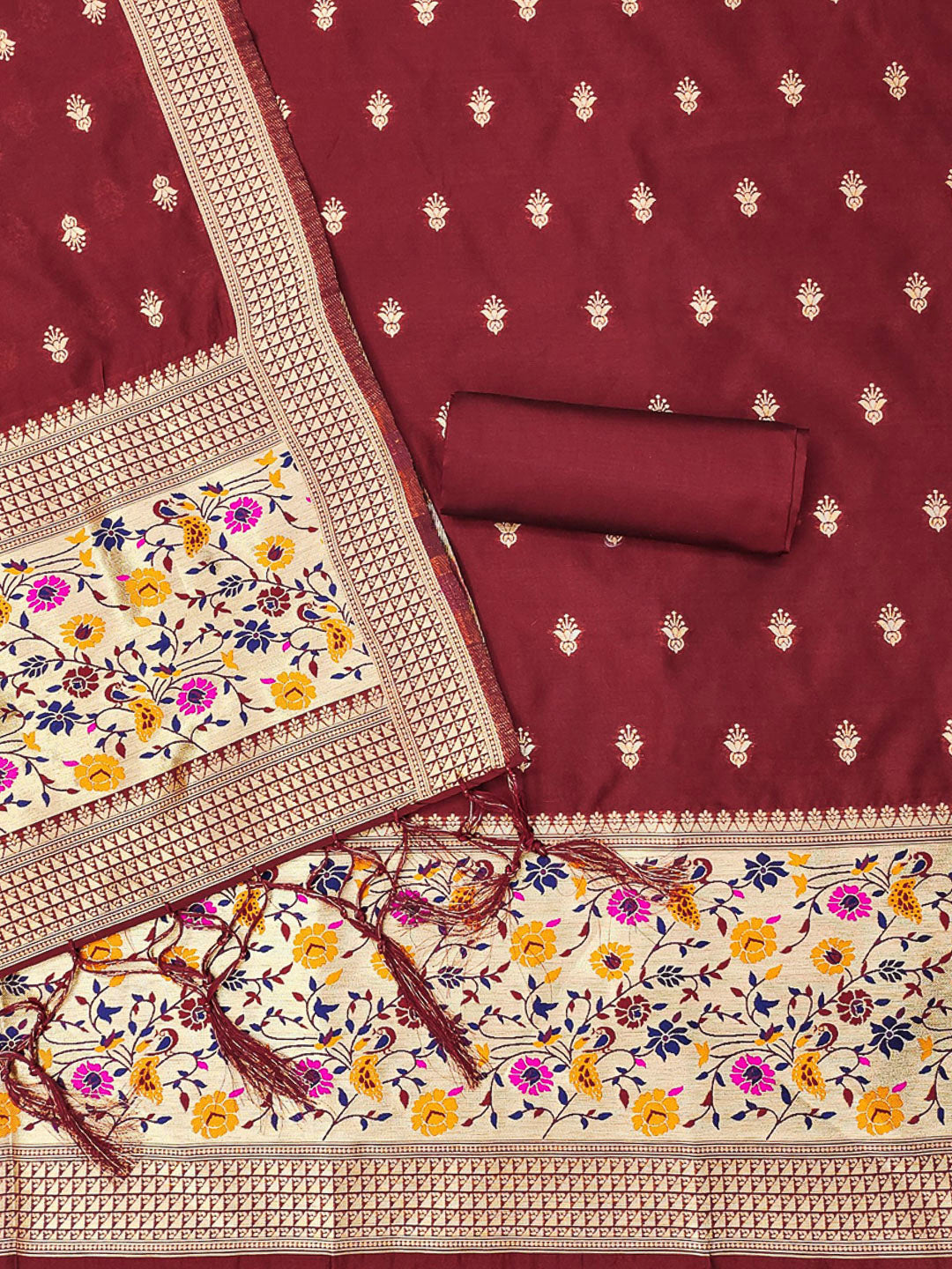 Maroon Pure Soft Banarasi Silk Woven Design Unstitched Dress Material
