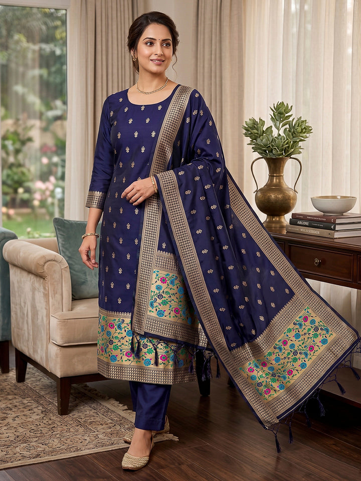 Navy-Blue Pure Soft Banarasi Silk Woven Design Unstitched Dress Material