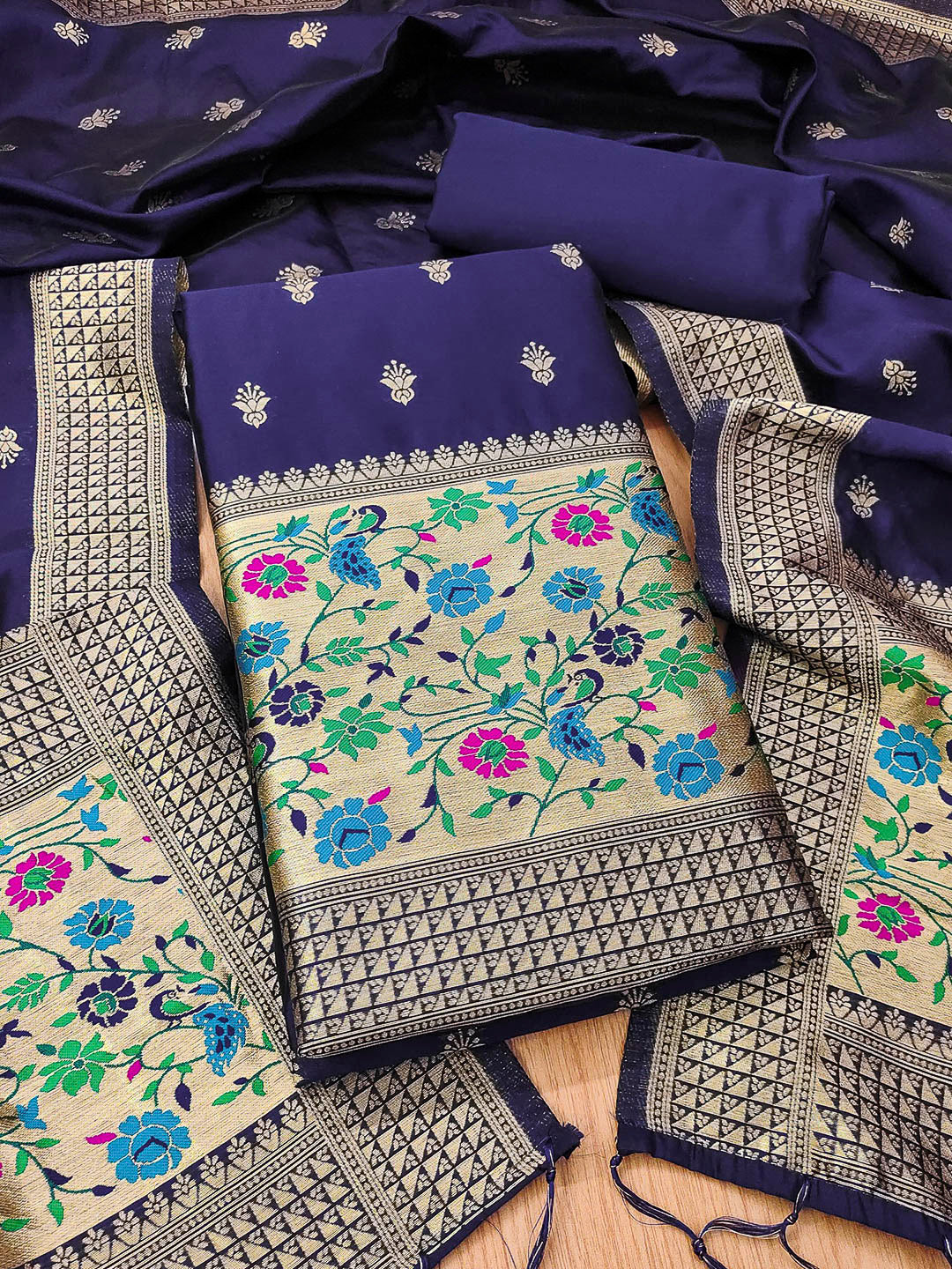 Navy-Blue Pure Soft Banarasi Silk Woven Design Unstitched Dress Material