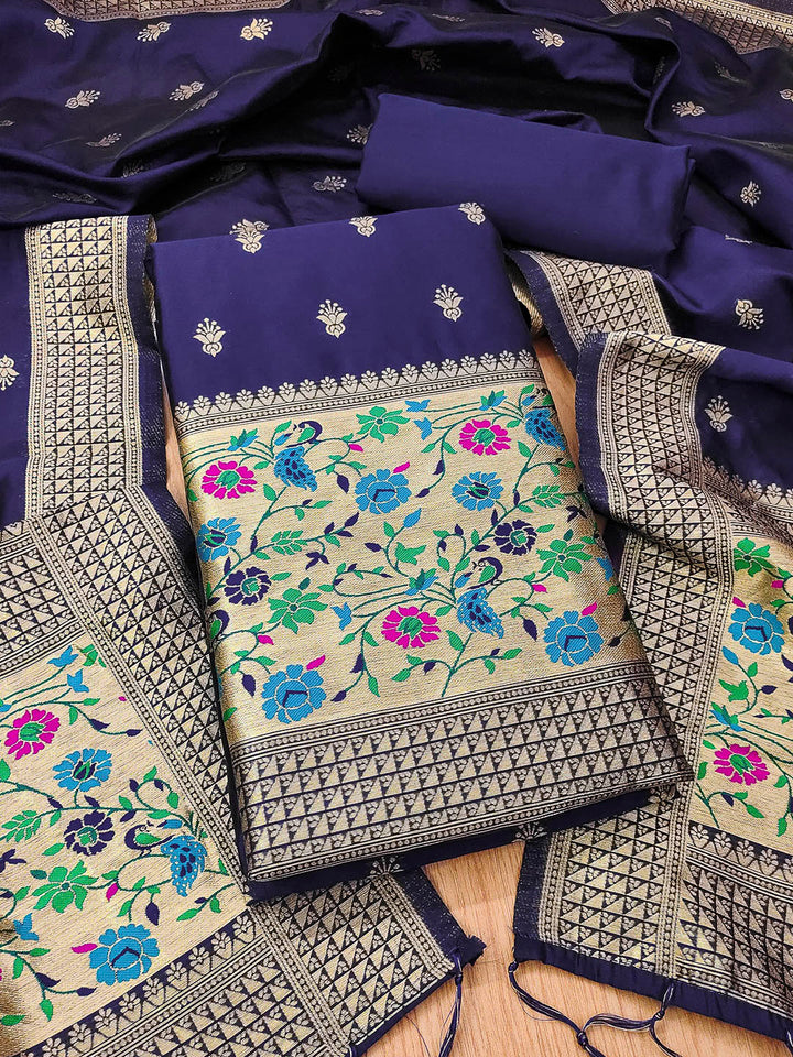 Navy-Blue Pure Soft Banarasi Silk Woven Design Unstitched Dress Material