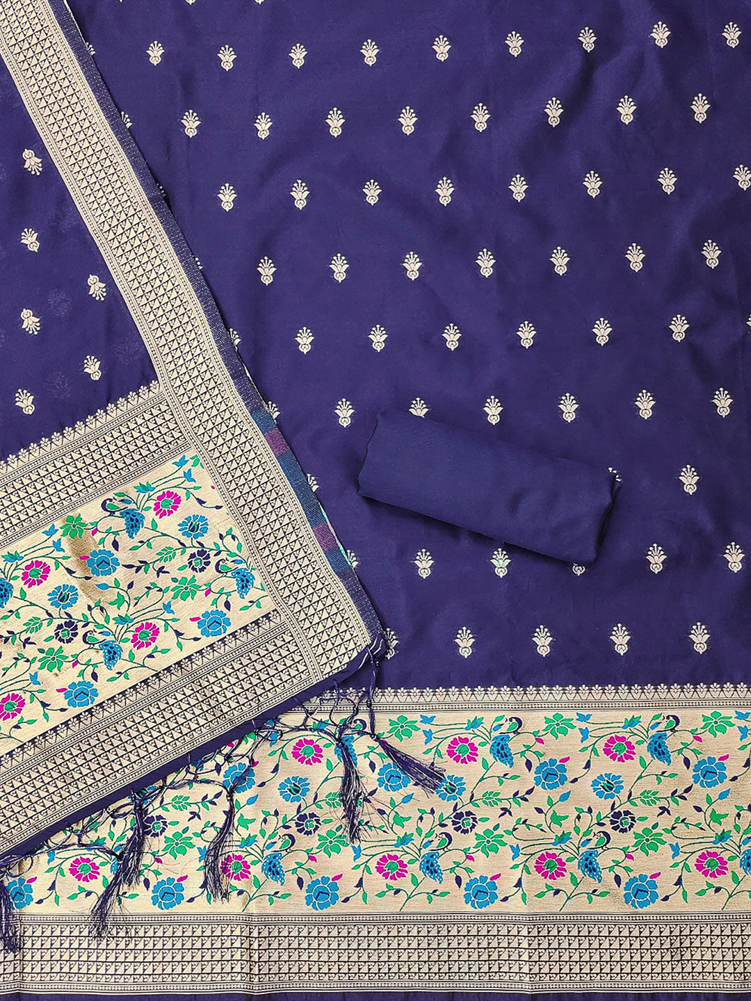 Navy-Blue Pure Soft Banarasi Silk Woven Design Unstitched Dress Material