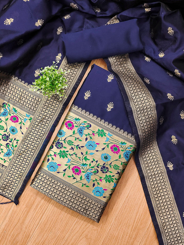 Navy-Blue Pure Soft Banarasi Silk Woven Design Unstitched Dress Material