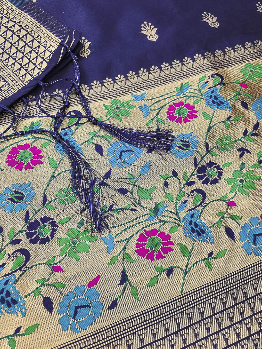 Navy-Blue Pure Soft Banarasi Silk Woven Design Unstitched Dress Material