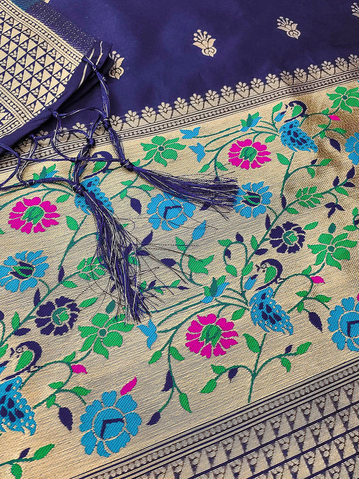 Navy-Blue Pure Soft Banarasi Silk Woven Design Unstitched Dress Material